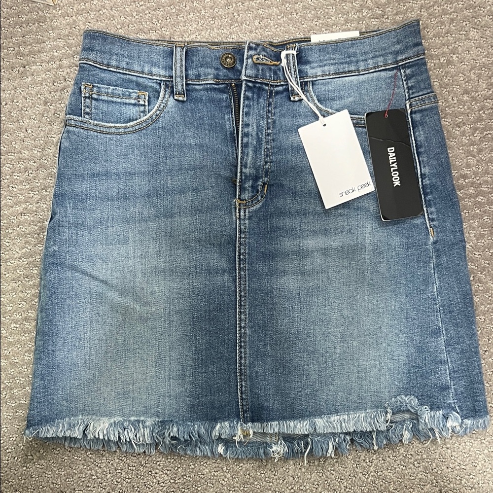 Sneak Peek Frayed Hem Blue Denim Skirt